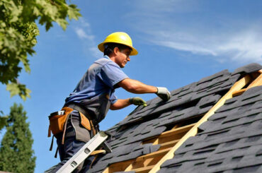 roofing professional on roof installing roof