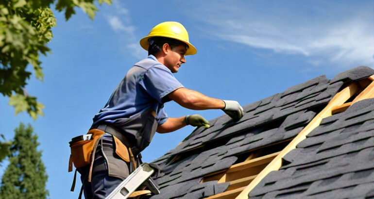 roofing professional on roof installing roof